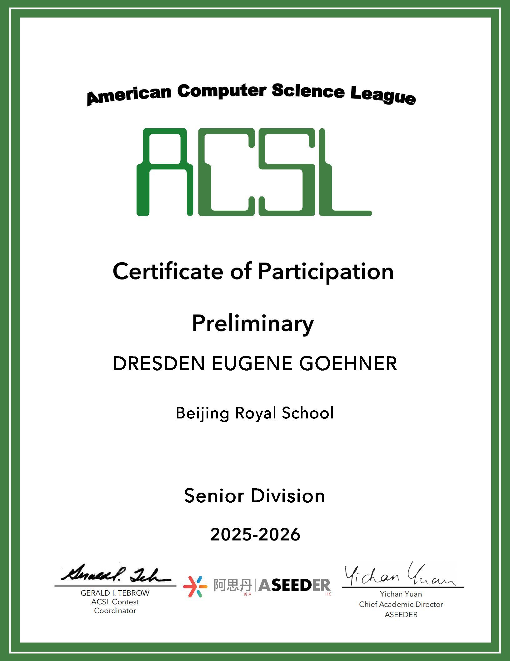 ACSL Senior Division participation certificate