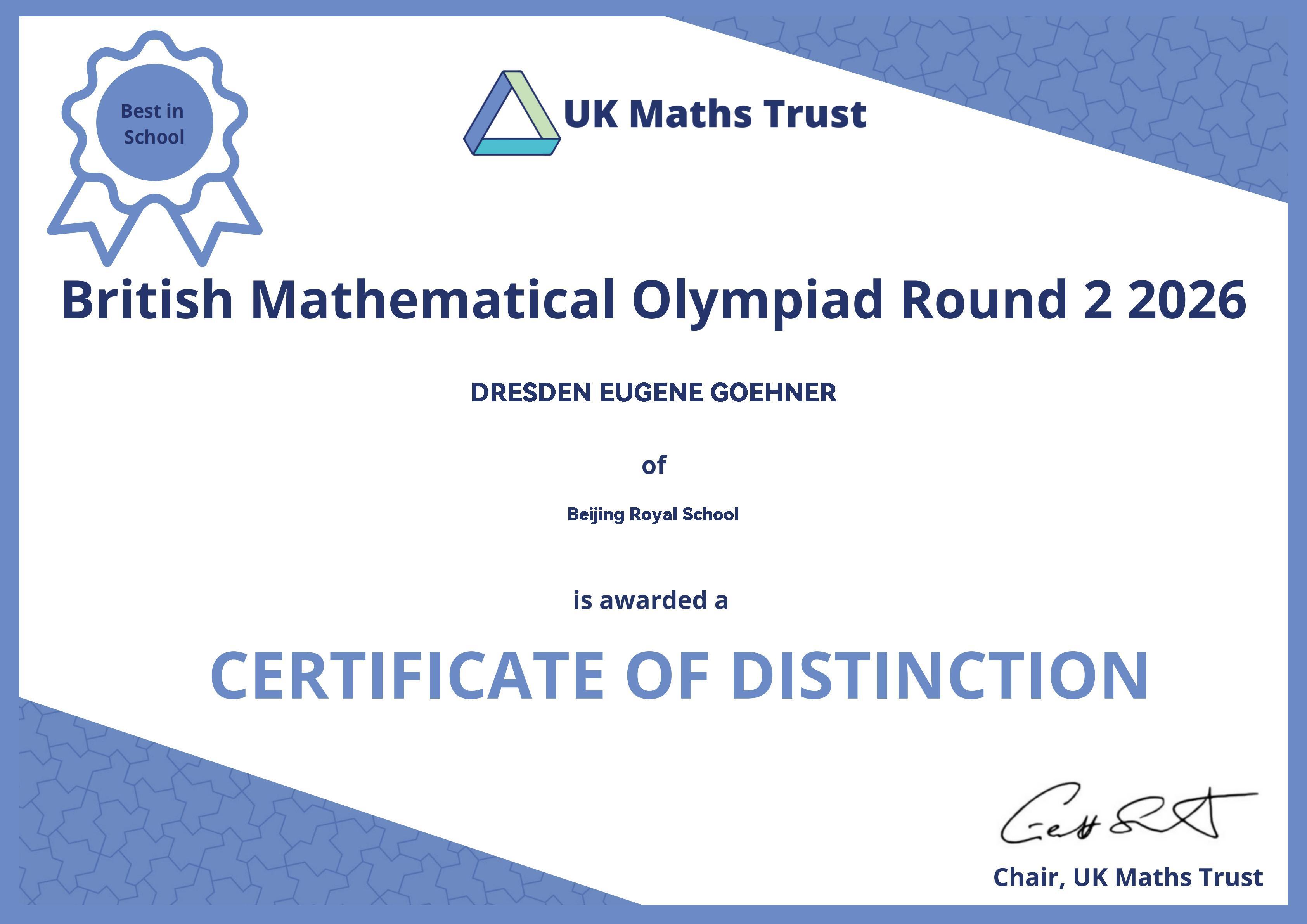 BMO Round 2 Distinction certificate
