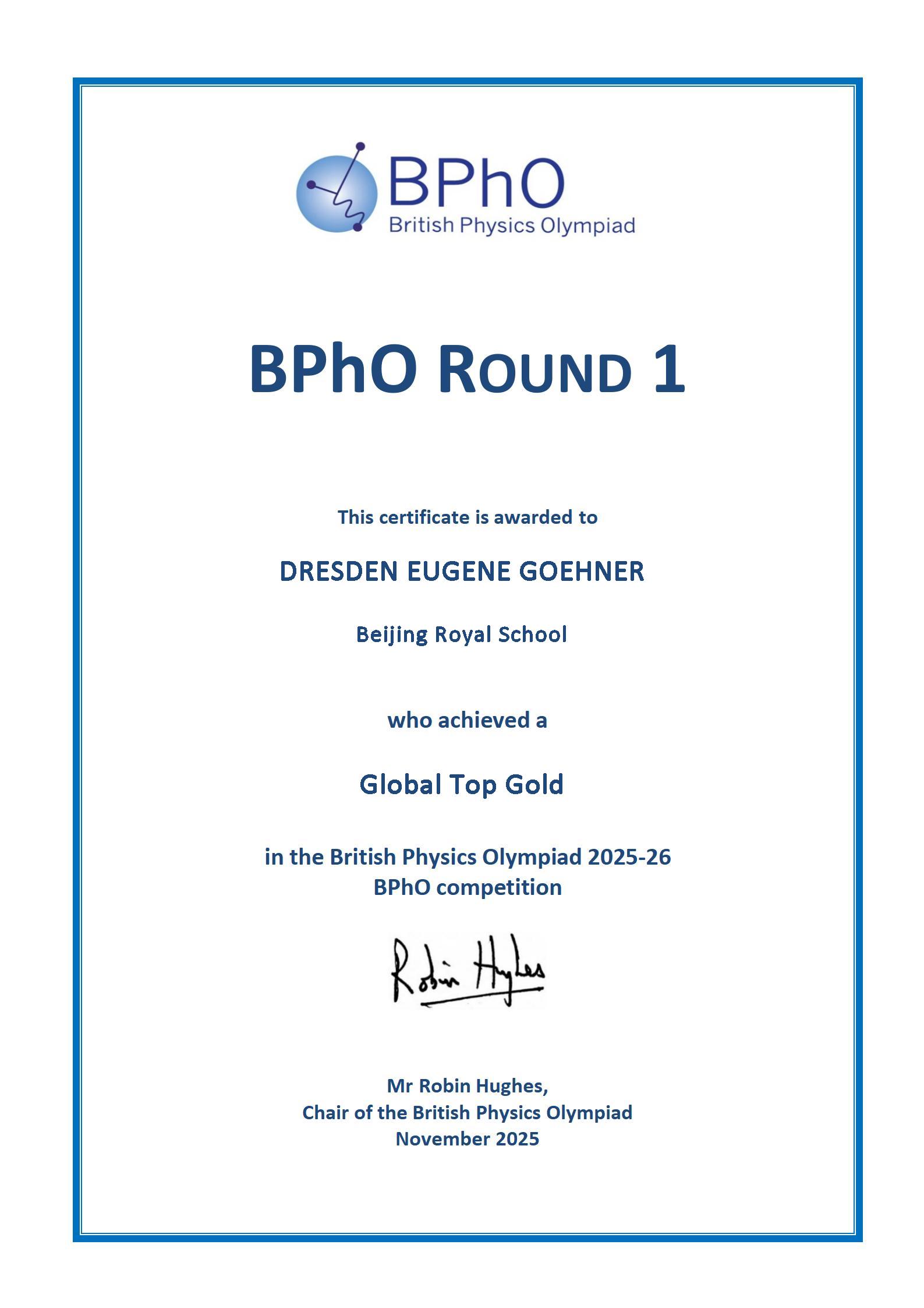 BPhO Round 1 2025–26 Global Top Gold certificate