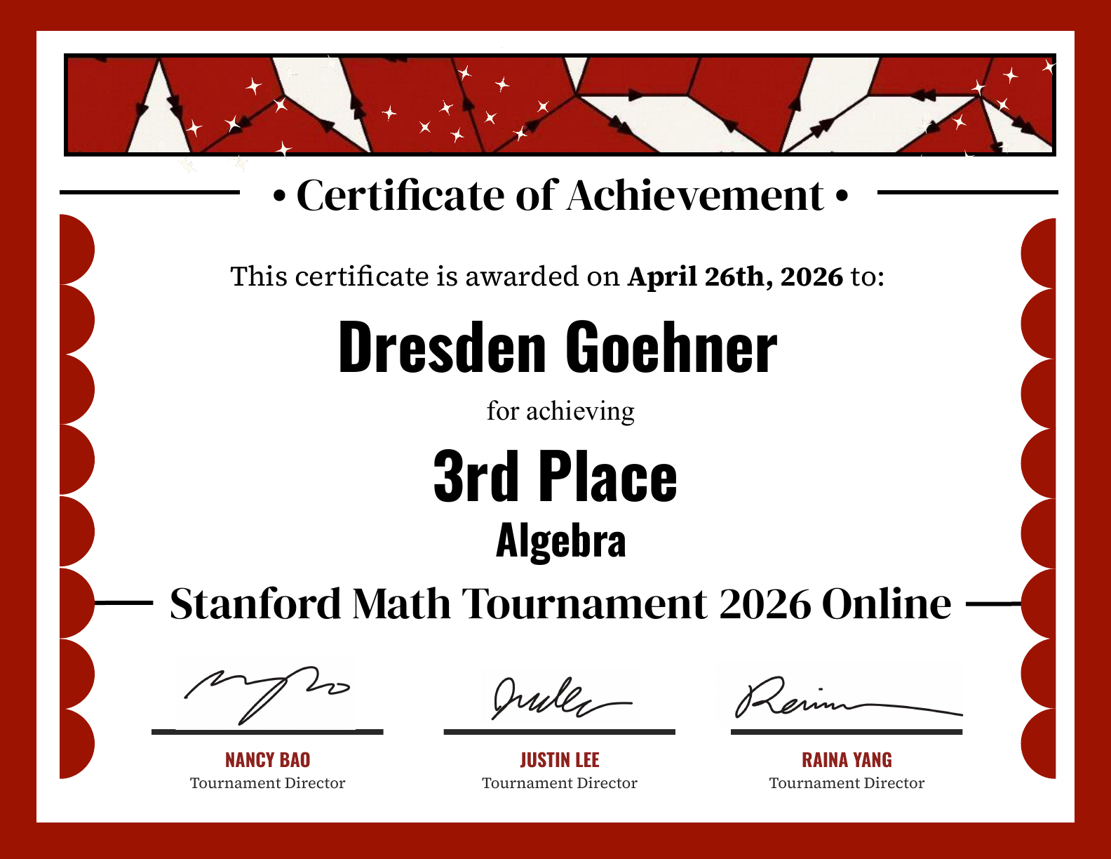 Stanford Math Tournament Algebra third place certificate