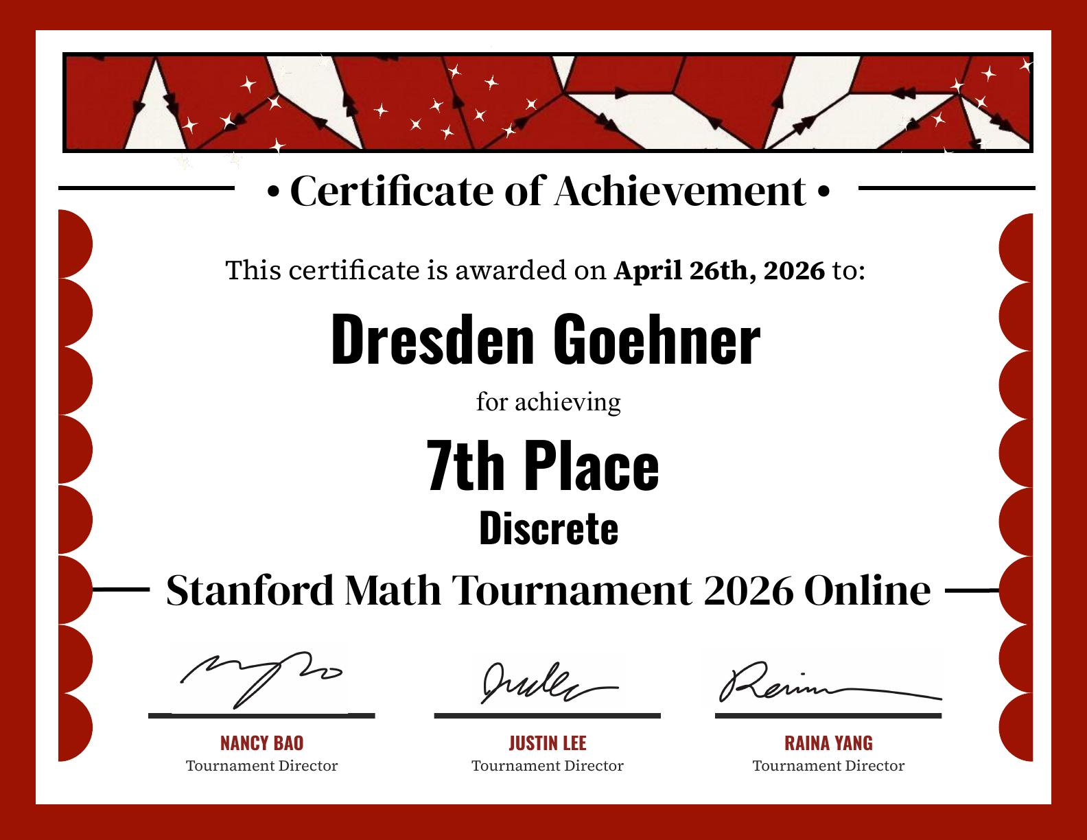 Stanford Math Tournament Discrete seventh place certificate